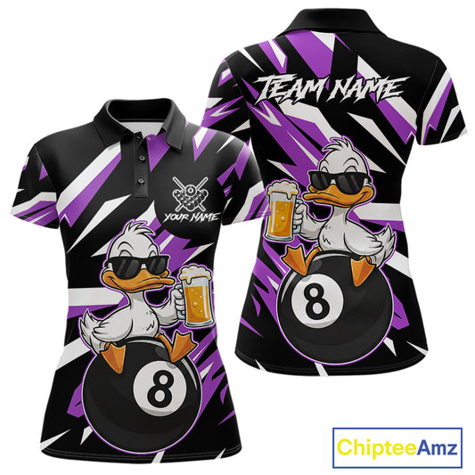 Custom Purple Funny Duck 8 Ball Pool Billiard Shirt For Women, Billiard Team Jersey Polo & 1/4 Zip TDM6449