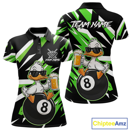Custom Green Funny Duck 8 Ball Pool Billiard Shirt For Women, Billiard Team Jersey Polo & 1/4 Zip TDM6451