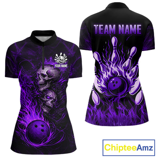 Purple Flaming Skull Bowling Shirts For Women Custom Fire Bowling Team Jersey Polo & Quarter Zip TDM5619