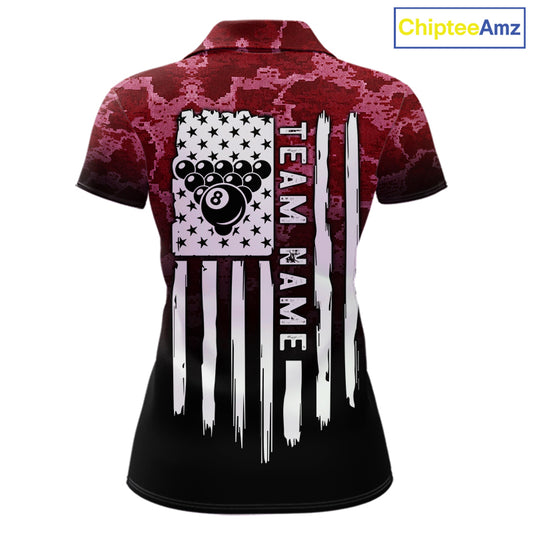 Black And Red Camo US Flag 8 Ball Billiard Shirt For Women Custom Pool Team Jersey Polo & 1/4 Zip TDM5994