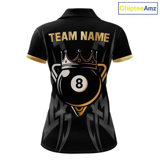 Black And Gold 8 Ball Crown Billiard Shirts For Women Custom Tribal Pool Team Jersey Polo & 1/4 Zip TDM6229