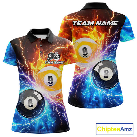 Custom blue and orange lightning 8 ball and 9 ball billiard pool team jersey polo shirt for women, personalized billiard league apparel.