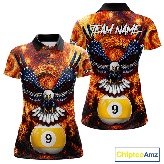 Custom fire flame red 9 ball US flag eagle billiard pool team jersey polo shirt for women, personalized billiard league apparel and tournament jersey.