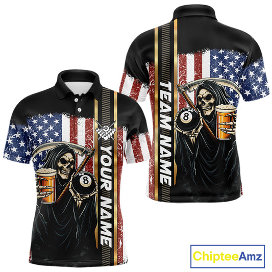 Grim Reaper With Beer Custom 8 Ball Billiard Shirt For Men, US Flag Pool Team Jersey Polo, 1/4 Zip TDM6247