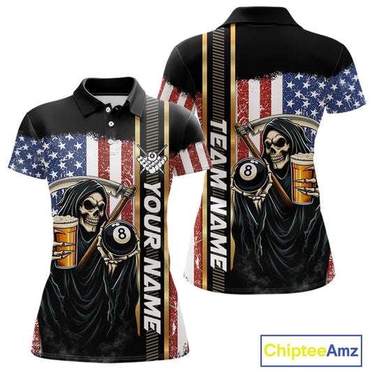 Grim Reaper With Beer Custom 8 Ball Billiard Shirt For Women, US Flag Pool Team Jersey Polo, 1/4 Zip TDM6247