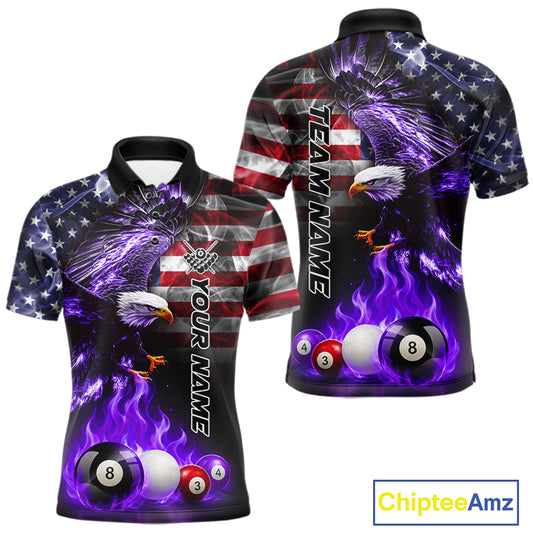 Purple flame eagle pool shirt for men with American flag design and custom team style.