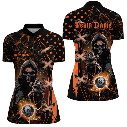 Orange Grim Reaper Lightning US Flag Billiard Shirts For Women, Halloween Billiard Jerseys TDM2676