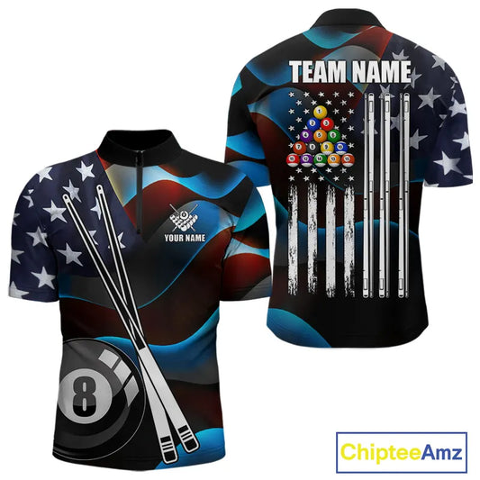 Glowing American Flag 8 Ball Pool Billiard Shirt For Men Custom Patriotic Billiard Team Jersey TDM5658