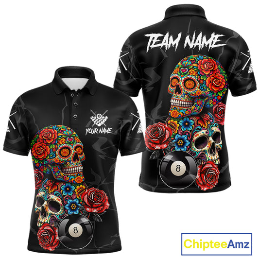 Custom Colorful Sugar Skull Billiard Shirt For Men, 8 Ball Pool Team Jersey Polo & 1/4 Zip TDM6262