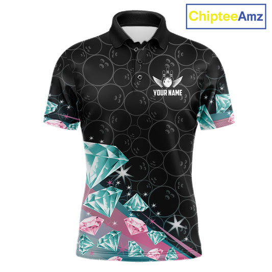 Custom Pink Turquoise Diamonds Bowling Shirt For Men, Glowing Bowling Team Jersey Polo & 1/4 Zip TDM6270