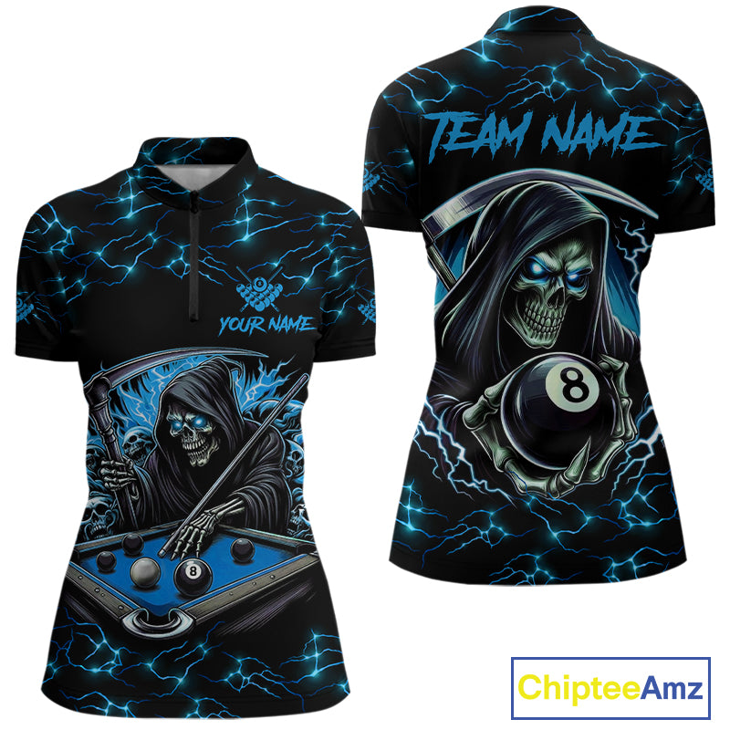 Blue Funny Grim Reaper 8 Ball Pool Women Billiard Shirts Custom Name Lightning Billiard Jerseys TDM2161