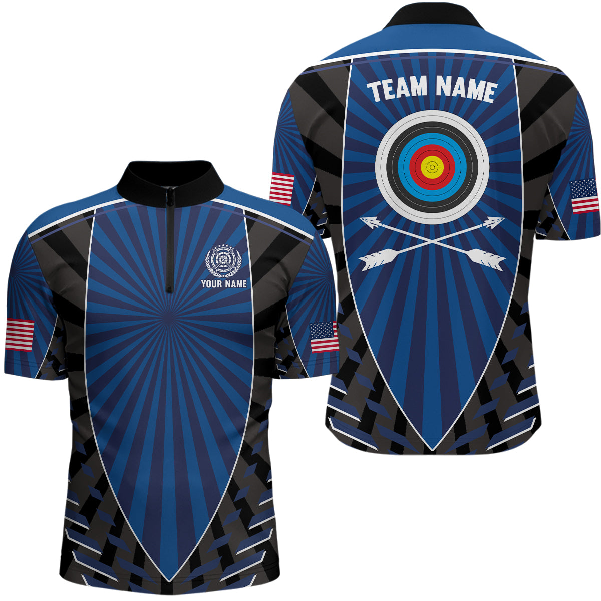 Personalized Name Blue Archery Quarter-Zip Shirts For Men Custom Archery Jerseys TDM0517