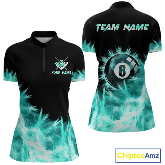 Turquoise Icy Light 8 Ball Pool Billiard Polo & 1/4 Zip For Women Custom Billiard Team Jerseys TDM5689