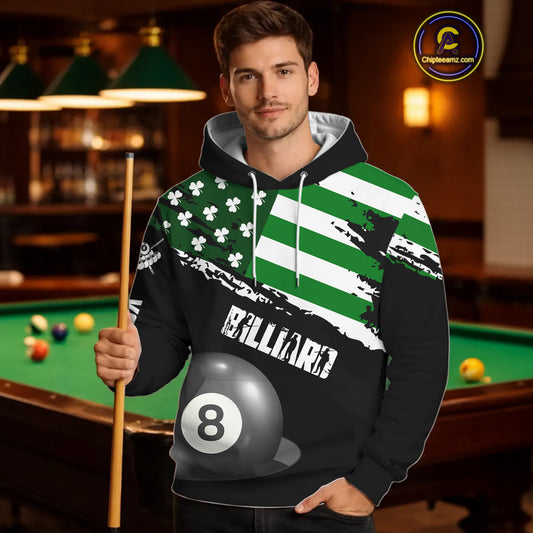 Personalized US Flag St Patrick Day Billiard Hoodie Custom Luckiest Shamrock 8 Ball Hoodie TDM5707