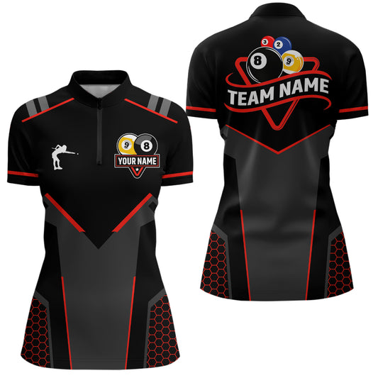 Personalized Billiard 8 Ball & 9 Ball Pool Polo, 1/4 Zip For Women Custom Team Billiard Jerseys |Red TDM3547