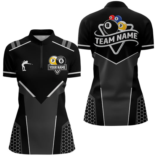 Personalized 8 Ball & 9 Ball Pool Billiard Polo, 1/4 Zip For Women Custom Team Billiard Jersey |White TDM3547