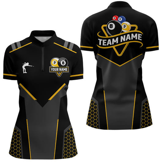 Personalized 8 Ball & 9 Ball Pool Billiard Polo, 1/4 Zip For Women Custom Team Billiard Jersey|Yellow TDM3547