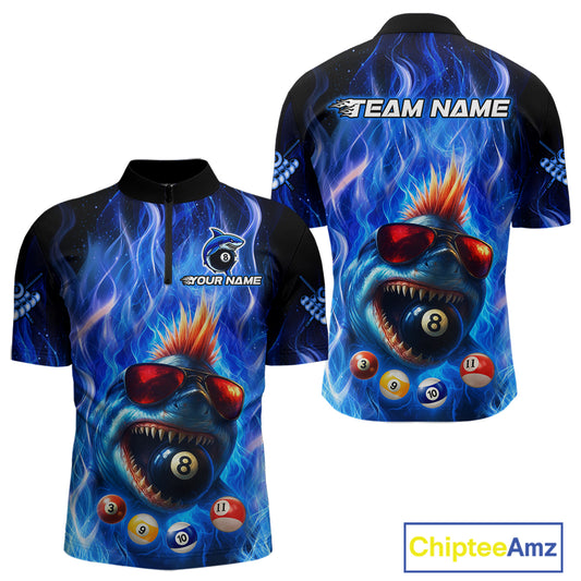 Personalized Blue Funny Shark Flame Men's Billiards Shirts Custom 8 Ball Billiard Team Jersey TDM5214