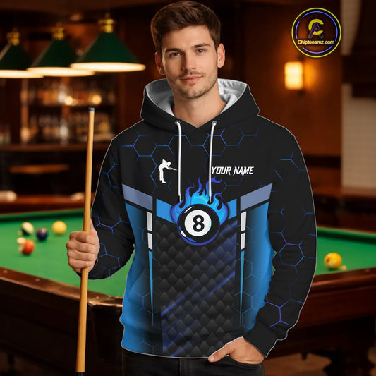 Personalized Blue 8 Ball Flame Hoodie For Men And Women Custom Billiard Hoodie Pool Team Jersey TDM5731