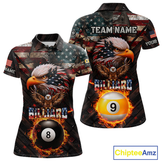American Flag 8 Ball & 9 Ball Fire Custom Eagle Billiard Shirt For Women, Patriotic Pool Team Jersey TDM5932