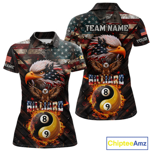 American Flag 8 & 9 Ball Yin-Yang Fire Custom Eagle Billiard Shirt For Women, Pool Team Jersey TDM5933