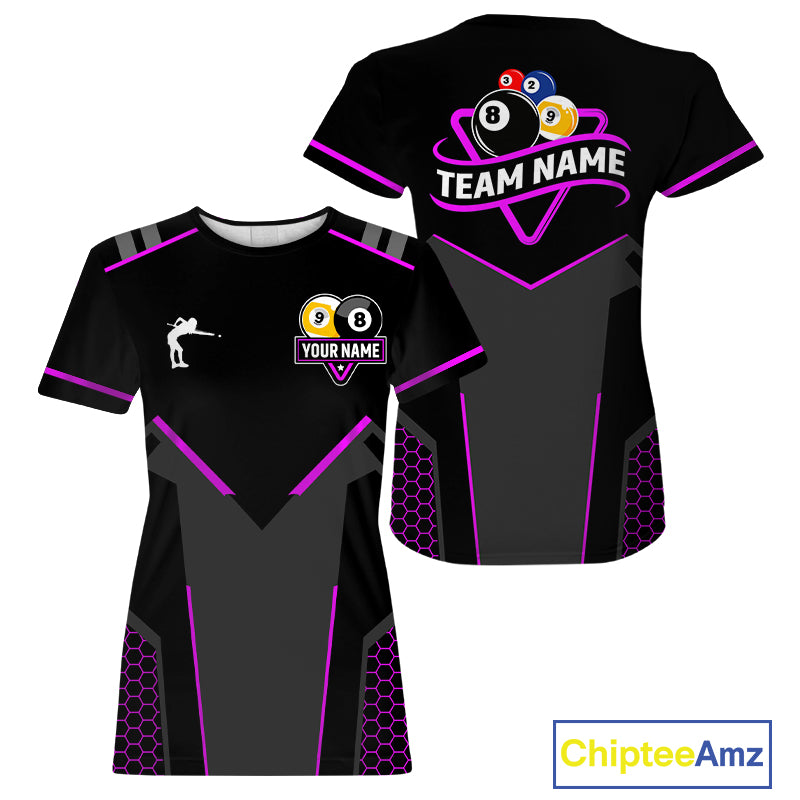 Personalized 8 Ball & 9 Ball Pool Billiard T-Shirt For Women Custom Billiard Team Jerseys | Purple TDM3582