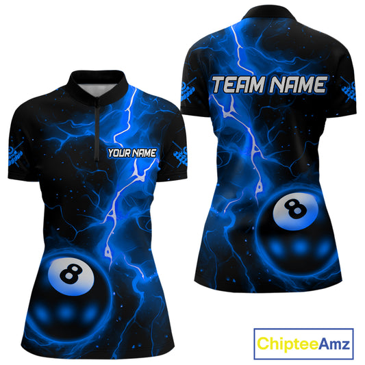 Blue And Black 8 Ball Striking Thunder Lightning Billiard Shirt For Women Custom Pool Team Jerseys TDM4389