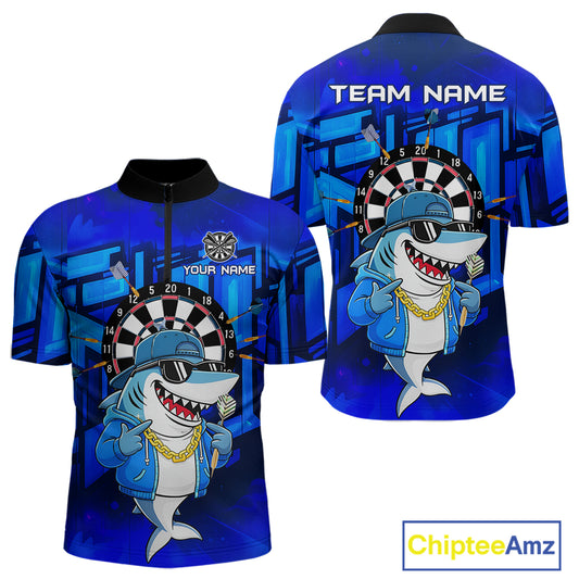 Blue Funny Shark Custom Darts Shirt For Men, Personalized Darts Jersey Team Polo & Quarter Zip TDM5245