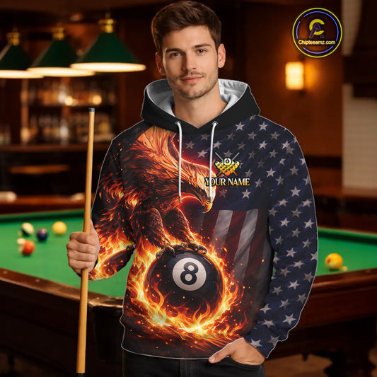 American Flag Flame 8 Ball Eagle Billiard Hoodie For Men And Women Custom 8 Ball Hoodie Team Jersey TDM5787