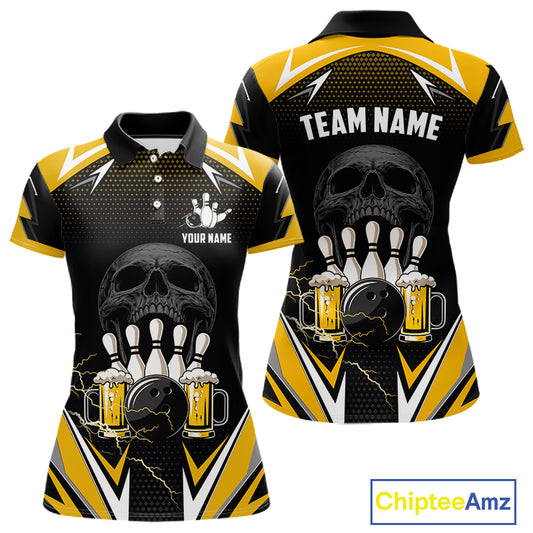 Yellow Black Funny Beer Skull Bowling Shirt For Women Custom Bowling Team Jersey Polo & 1/4 Zip TDM6388