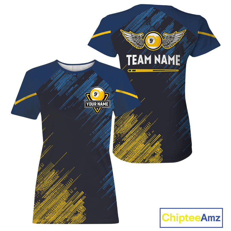 Personalized Blue Yellow 9 Ball Pool Wings Billiard T-Shirts, 9 Ball Billiard Team Jersey For Women TDM3776