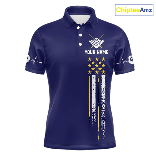 Customized Navy Blue American Flag Billiard Shirt For Men, 8 Ball Pool Team Jersey Polo & 1/4 Zip TDM6586