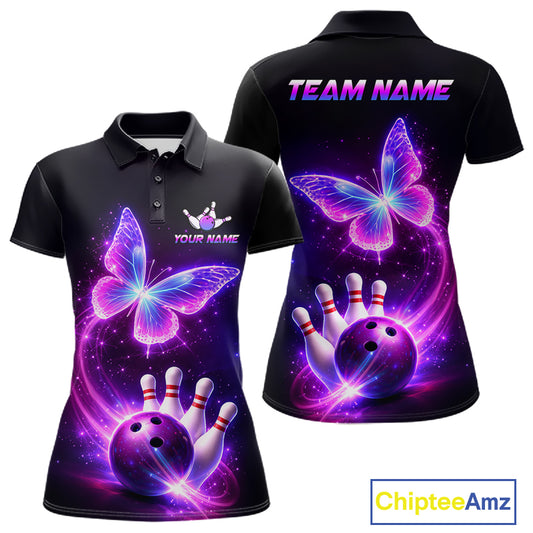Black polo shirt with butterfly and bowling design, customizable your name & team name