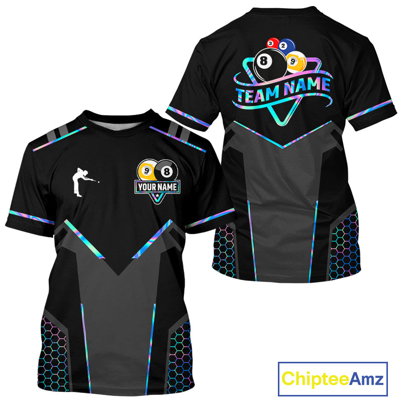 Personalized Holographic 8 Ball & 9 Ball Pool Billiard T-Shirt For Men, Billiard League Team Jersey TDM4253