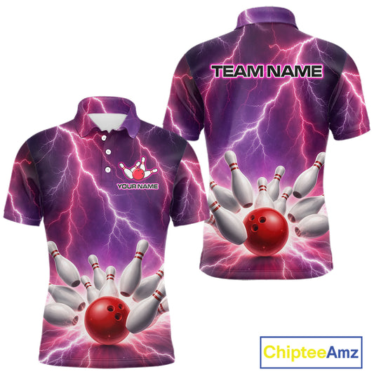 Custom Thunder Lightning Red & Purple Bowling Shirt For Men, Bowling Team Jersey Polo & 1/4 Zip TDM6189