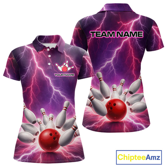 Custom Thunder Lightning Red & Purple Bowling Shirt For Women, Bowling Team Jersey Polo & 1/4 Zip TDM6189