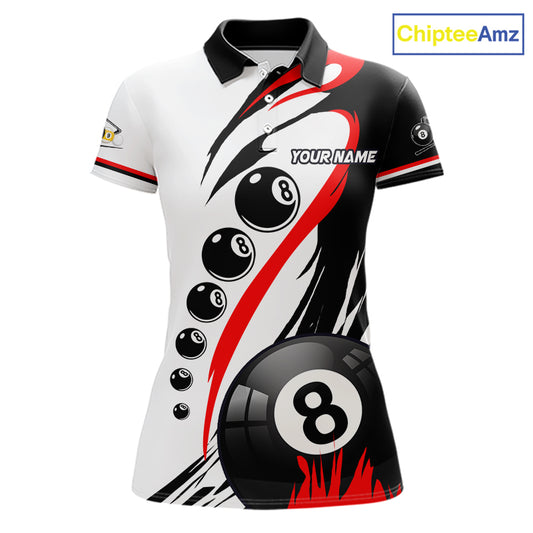 Personalized red 8 ball and 9 ball custom billiard polo shirt for women, billiard league team jersey.