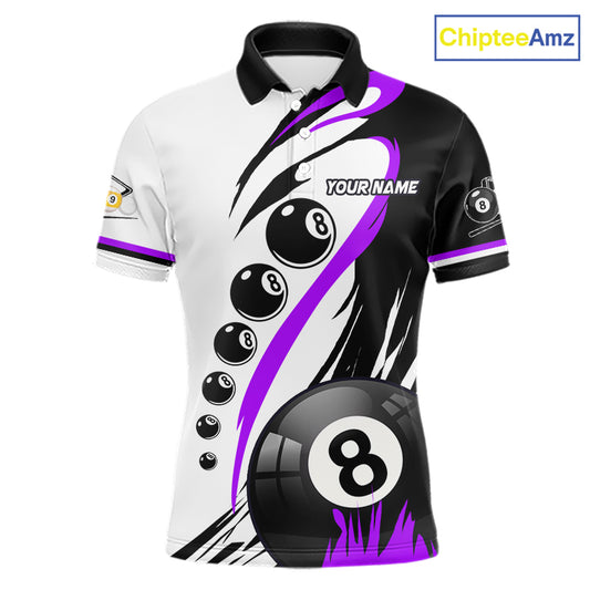 Personalized purple 8 ball and 9 ball custom billiard polo shirt for men, billiard team jersey.