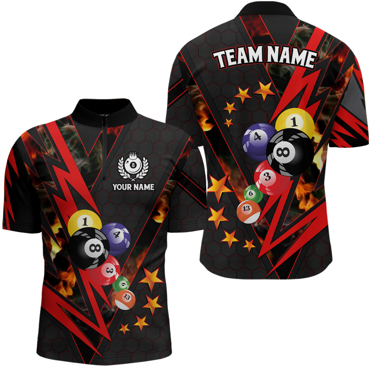 Personalized Red Thunder Billiard Balls Men Quarter-Zip Shirts Custom Name Billiard Jersey TDM0469