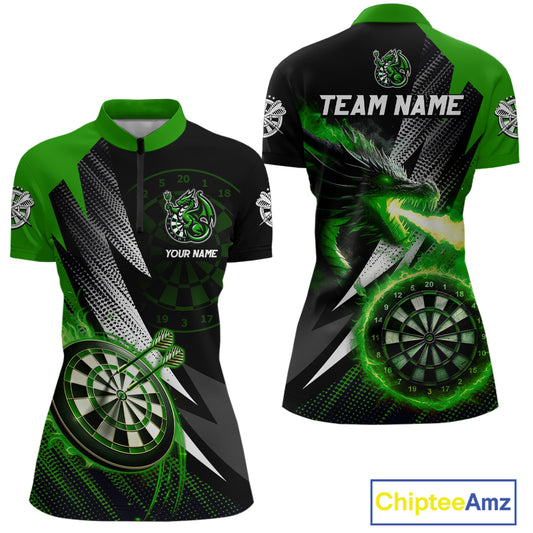 Personalized Striking Black And Green Flaming Dragon Dart Shirts For Women Custom Dart Team Jerseys TDM4299