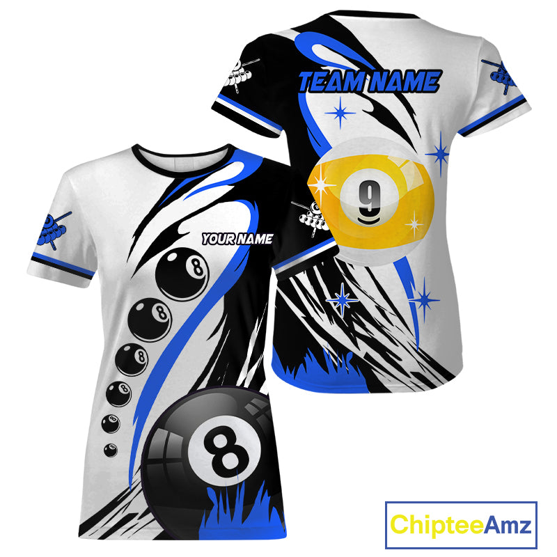 Personalized 8 Ball & 9 Ball Pool Billiard T-Shirt For Women Custom Billiard Team Jersey | Blue TDM2409