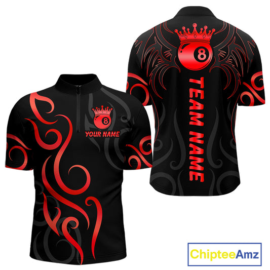 Black And Red 8 Ball Crown Tribal Billiard Shirt For Men Custom Pool Jersey Billiard Team Shirt TDM4725