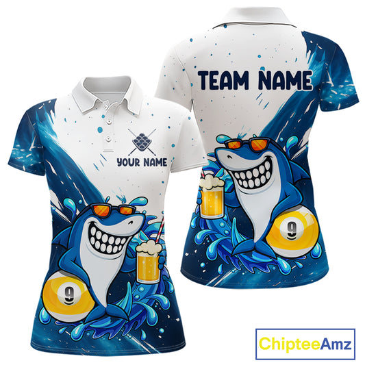 Blue and white funny shark 9 ball pool billiard team jersey polo shirt for women, custom pool league apparel and tournament jersey.