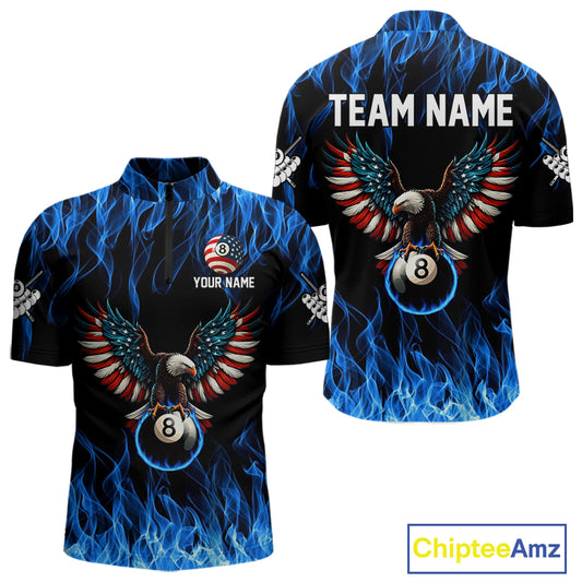 Blue Flaming American Flag Eagle 8 Ball Billiard Shirt For Men Custom Patriotic Pool Team Jersey TDM4328