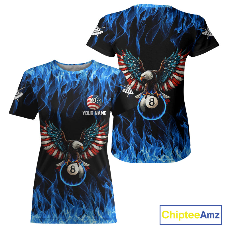 Blue Flaming American Flag Eagle 8 Ball Billiard T-Shirt For Women Custom Patriotic Pool Team Jersey TDM4328