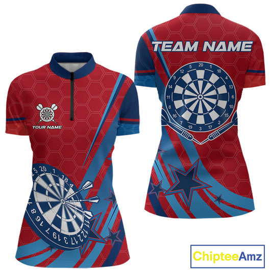 Red And Blue Stars Darts Shirt For Women Custom Dartboard Jerseys Team Polo & 1/4 Zip, Darts Outfit TDM4357