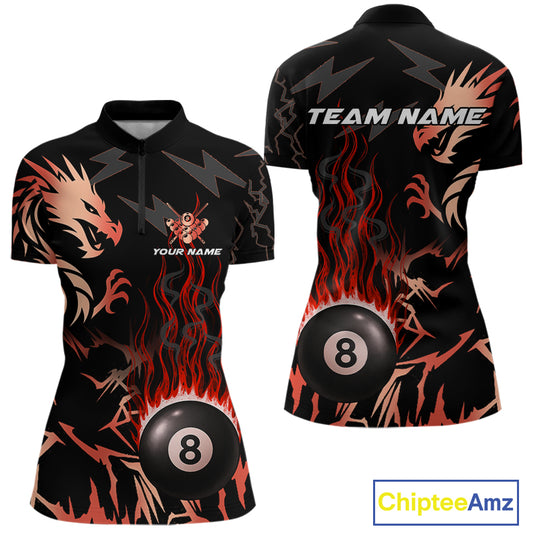 Black And Red Flaming 8 Ball Pool Shirt For Women Custom Dragon Billiards Team Jersey Polo & 1/4 Zip TDM4812