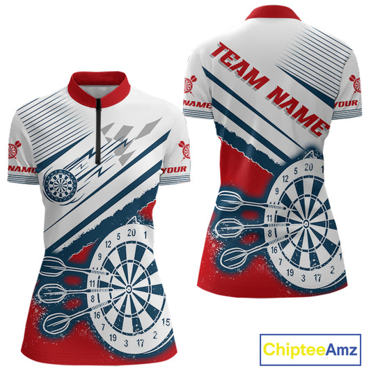 Personalized Red, White & Navy Darts Shirt For Women Custom Sport Darts Team Jerseys Polo & 1/4 Zip TDM4250