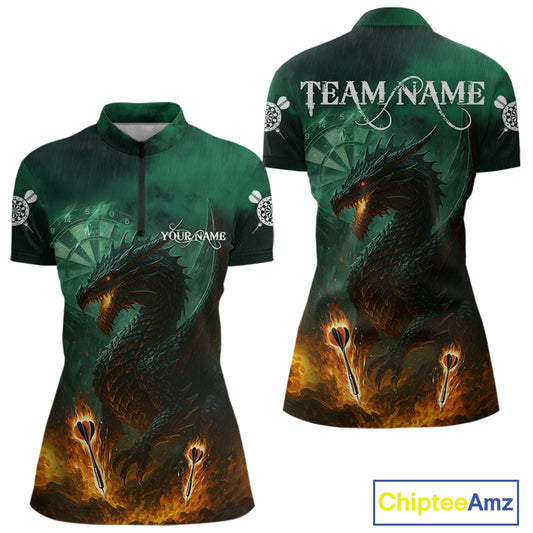 Personalized Fiery Arrow Dragon Green Darts Shirt For Women Custom Darts Jersey Team Polo & 1/4 Zip TDM4450