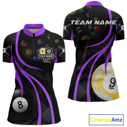 Customized Billiard 8 Ball & 9 Ball Pool Shirt For Women, Billiard Team Jersey Polo & 1/4 Zip|Purple TDM4458